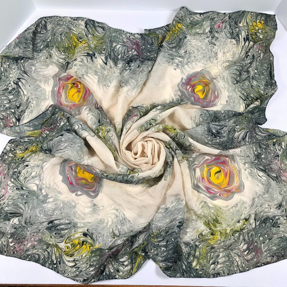 Marble Swirl Silk Scarf Hand Marbled Square Ivory Black Gray Hand Rolled Hem